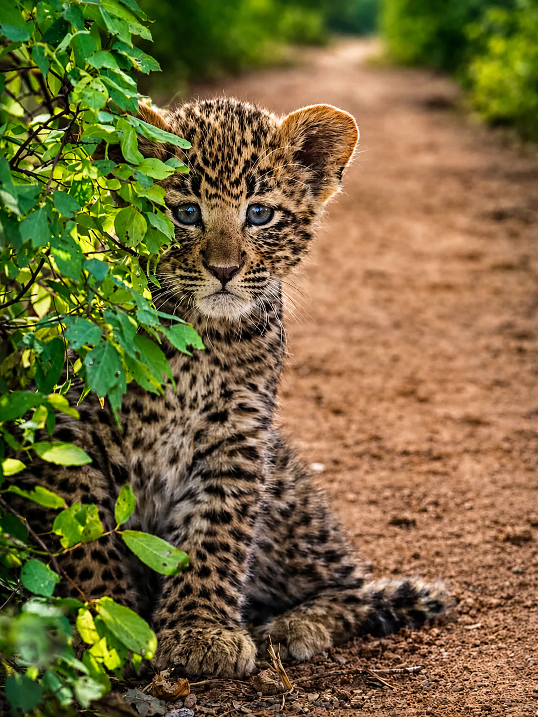 Young leopard cub peering from leafy bushes
